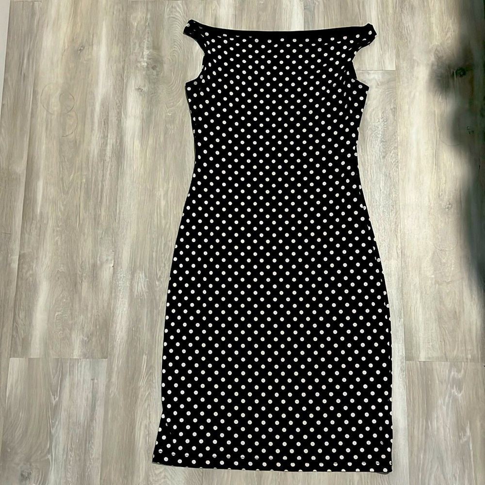 Envy Fashion polka dotted shoulder off black dress